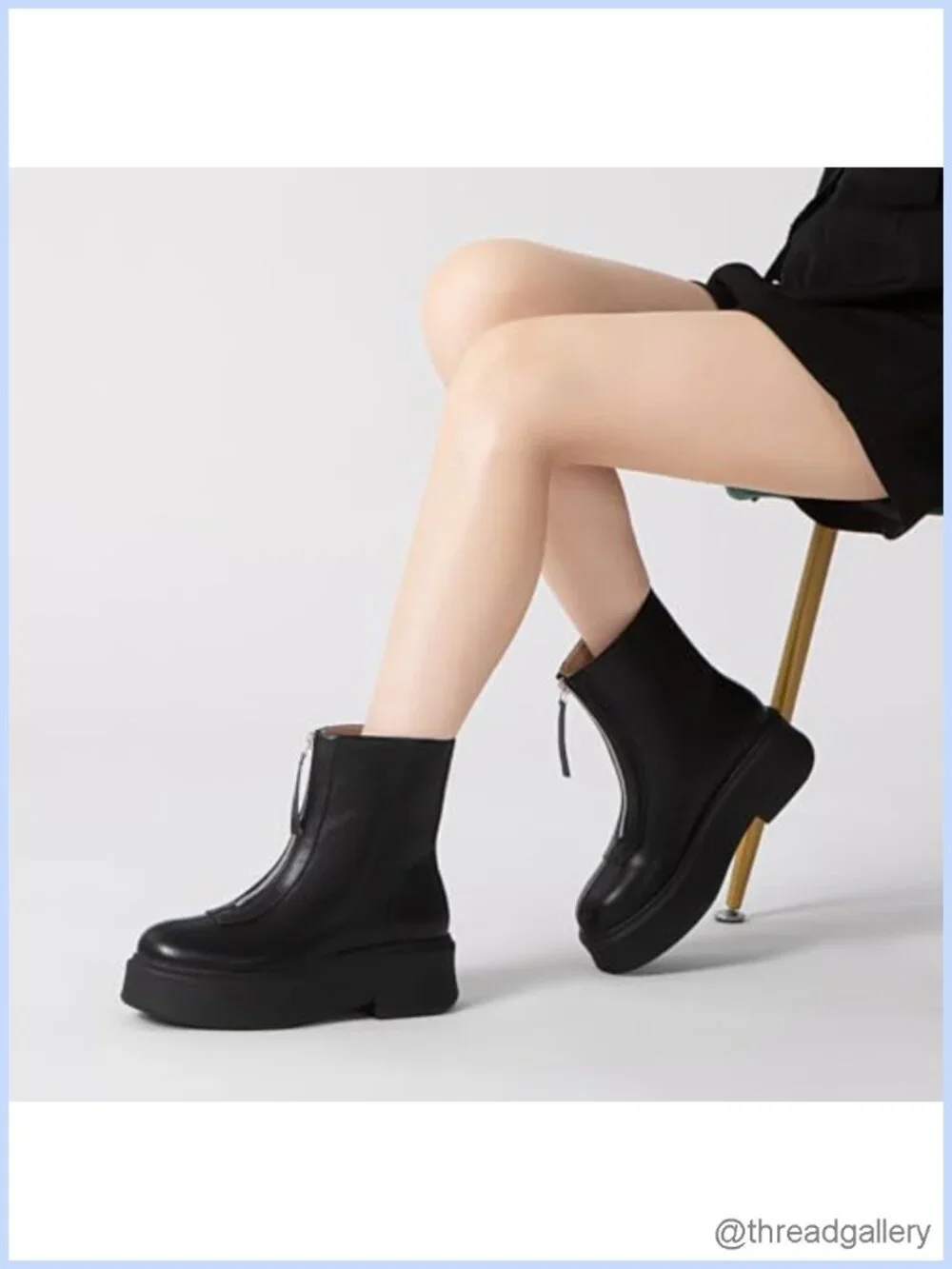 Faux Leather Platform Ankle Boots Chunky Low Heel Front Zipper